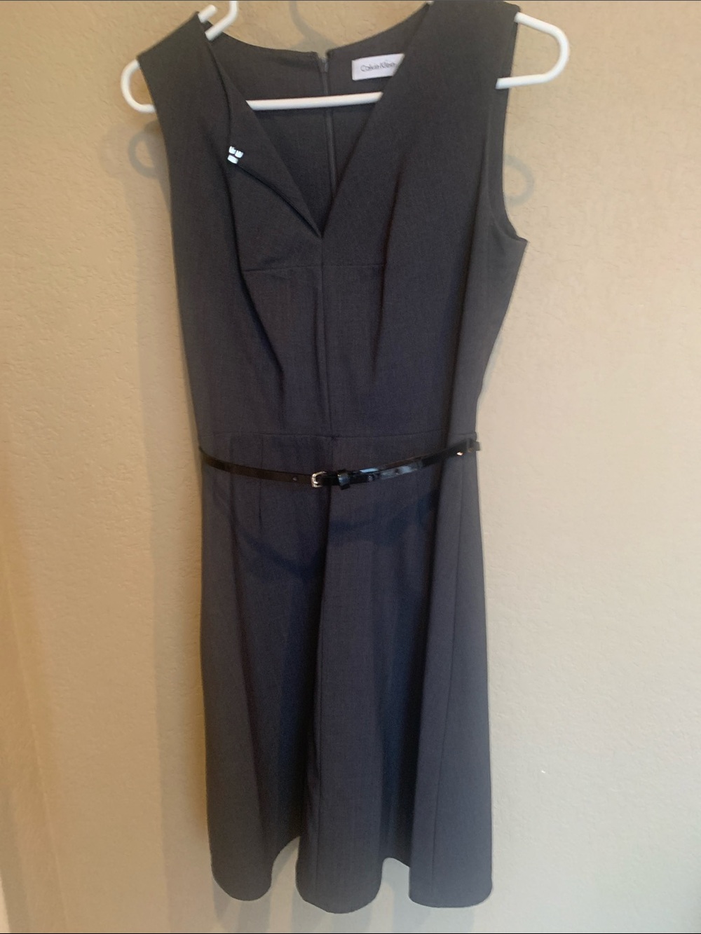 Calvin Klein Charcoal Sleeveless A-Line Dress with Slim Patent Belt